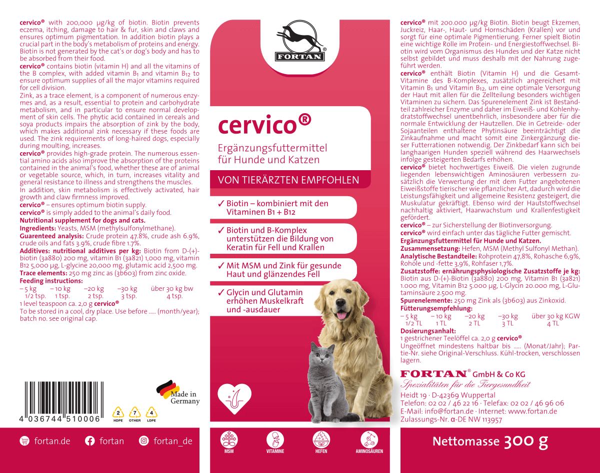 Fortan cervico: Ergänzungsfutter für Hunde und Katzen - 300 g Etikett