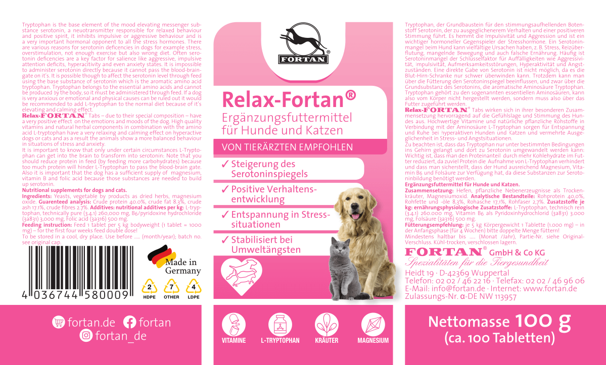 Fortan Relax-Fortan: Ergänzungsfutter für Hunde und Katzen - 100 g Etikett