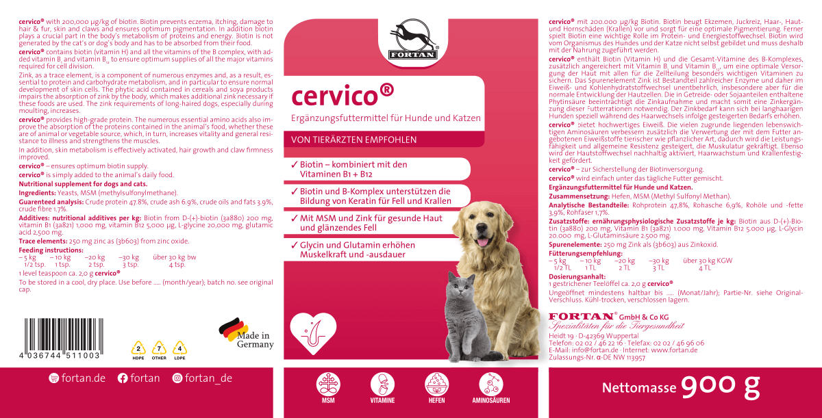 Fortan cervico: Ergänzungsfutter für Hunde und Katzen - 900 g Etikett