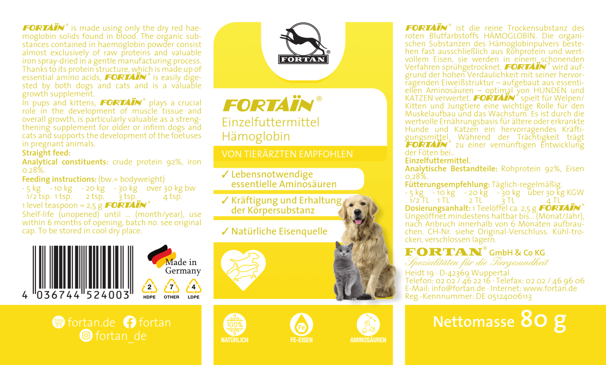 Fortain: Einzelfuttermittel Hämoglobin - 80 g Etikett