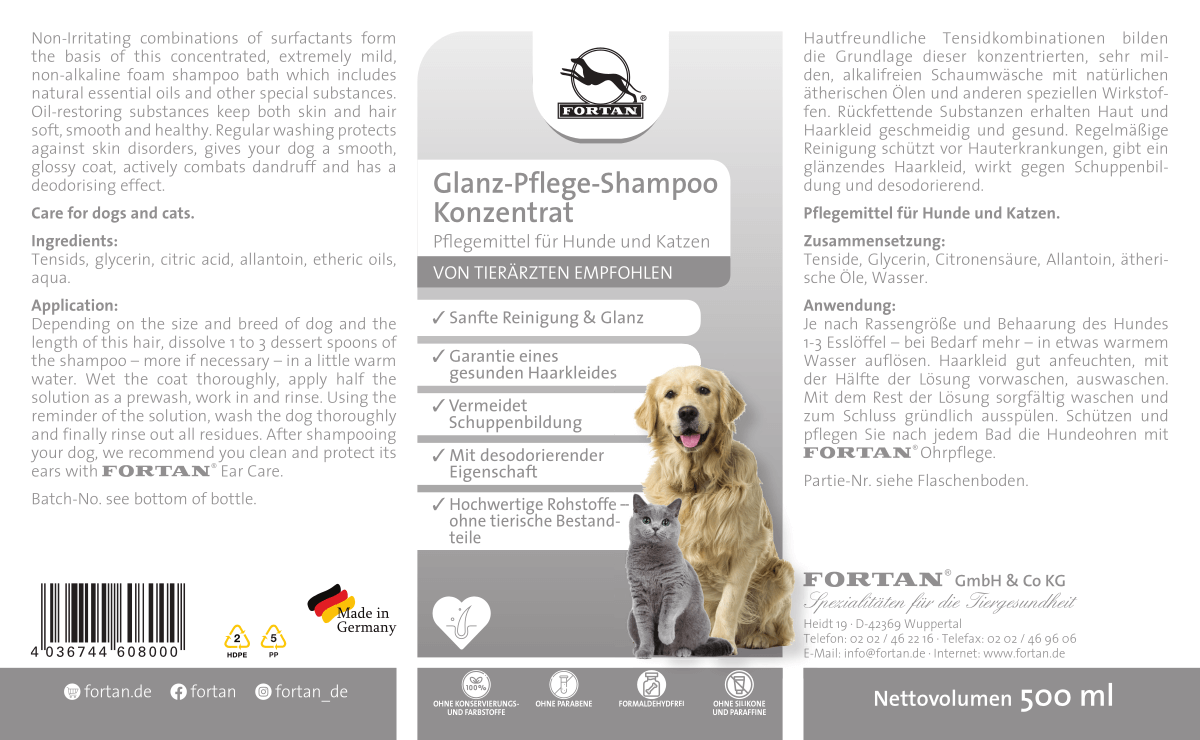 Fortan Glanz-Pflege-Shampoo: Pflegemittel für Hunde und Katzen - 500 ml Etikett