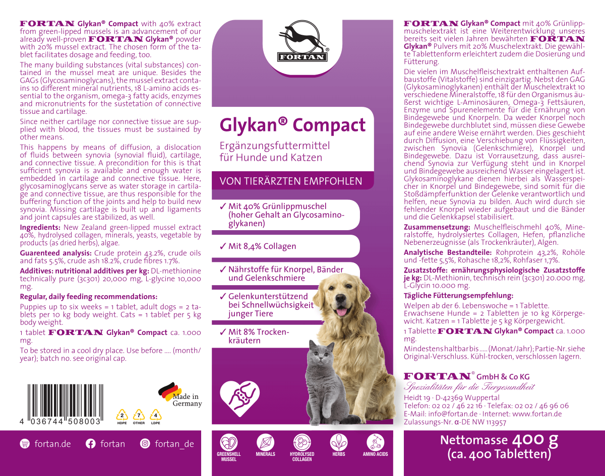 Fortan Glykan Compact: Ergänzungsfutter für Hunde und Katzen - 400 g Dose