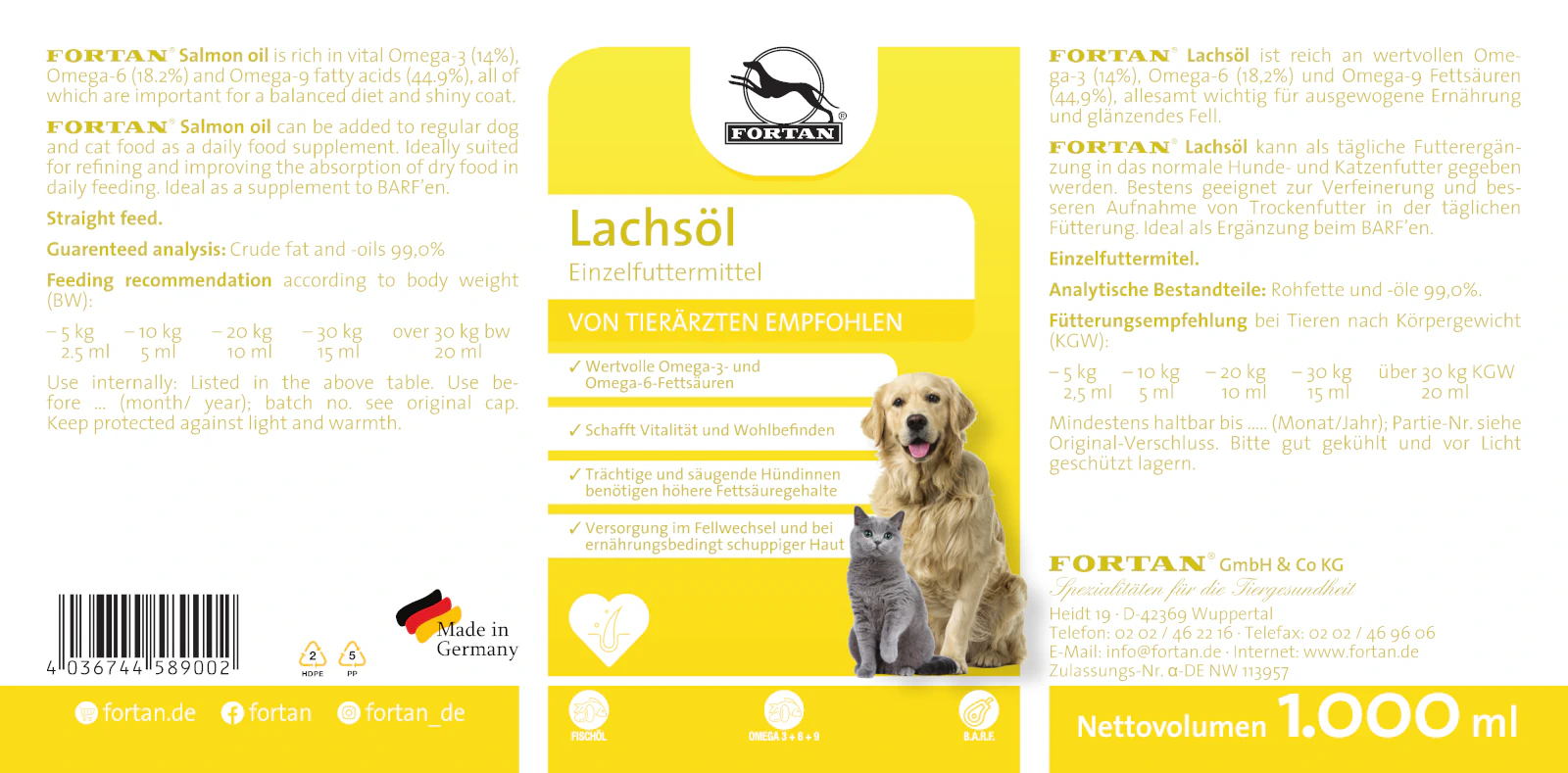 Fortan Lachsöl: Einzelfutter - 1000 ml Etikett