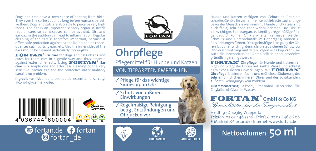 Fortan Ohrpflege: Pflegemittel für Hunde und Katzen - 50 ml Etikett