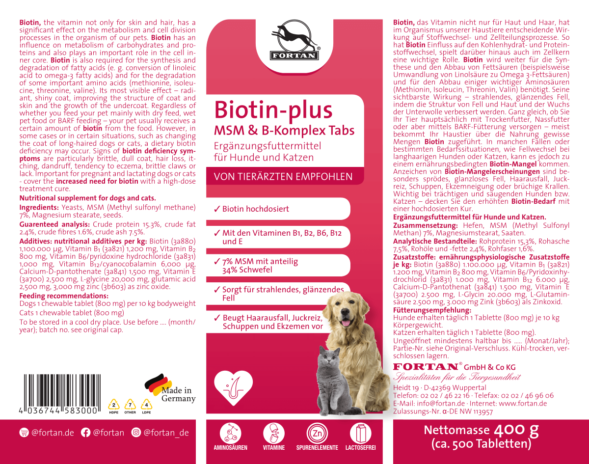 Fortan Biotin-plus MSM und B-Komplex Tabs: Ergänzungsfutter für Hunde und Katzen - 400 g Etikett