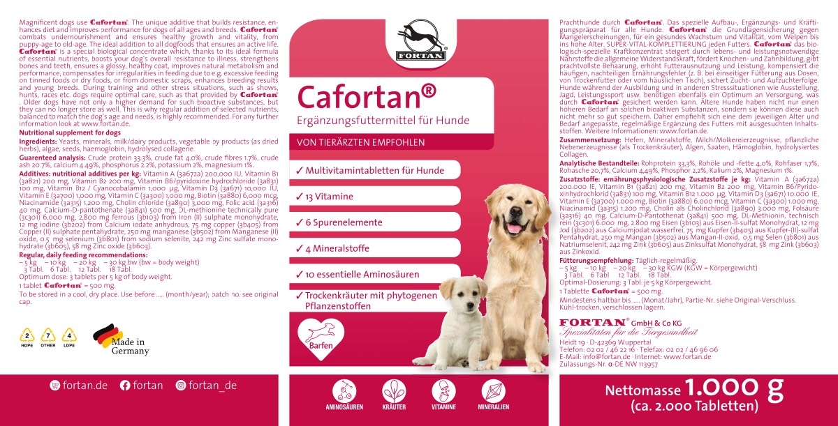 Fortan Cafortan: Ergänzungsfutter für Hunde - 1000 g Etikett