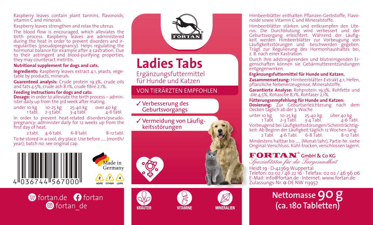Fortan Ladies Tabs: Ergänzungsfutter für Hunde und Katzen - 90 g Etikett