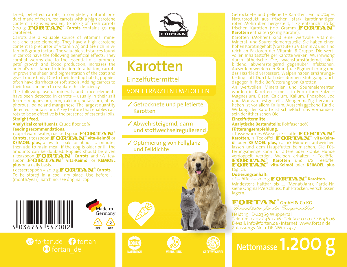 Fortan Karotten Pellets: Einzelfutter - 1200 g Etikett