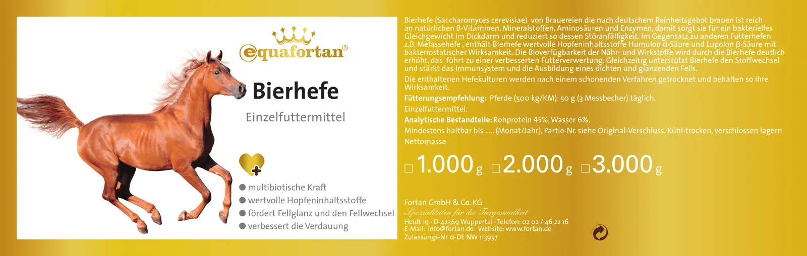 equafortan Bierhefe: Einzelfuttermittel - Etikett