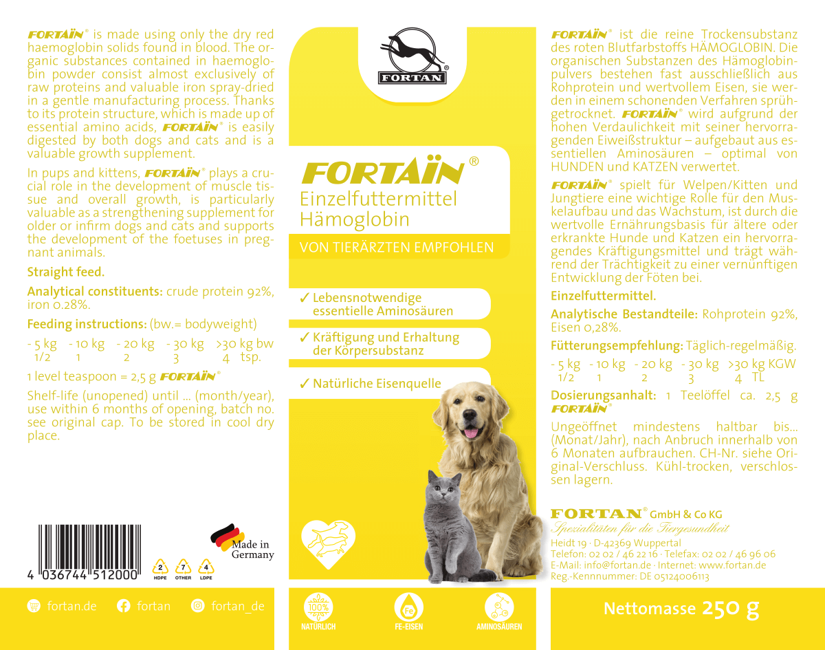Fortaïn® – Hemoglobin for Dogs and Cats Fortain: Einzelfuttermittel Hämoglobin - 250 g Etikett
