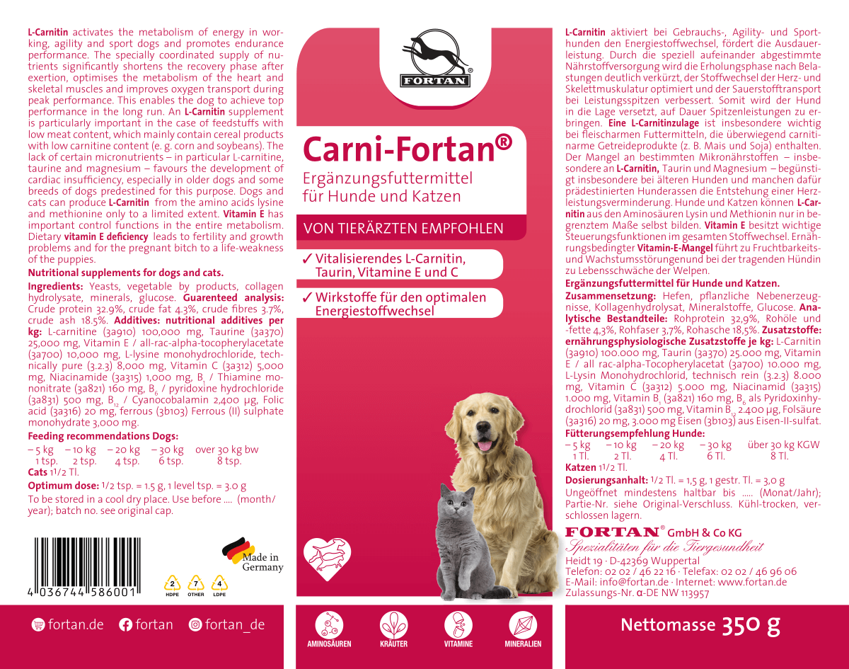 Carni-Fortan: supplement food for dogs and cats - 350 g label