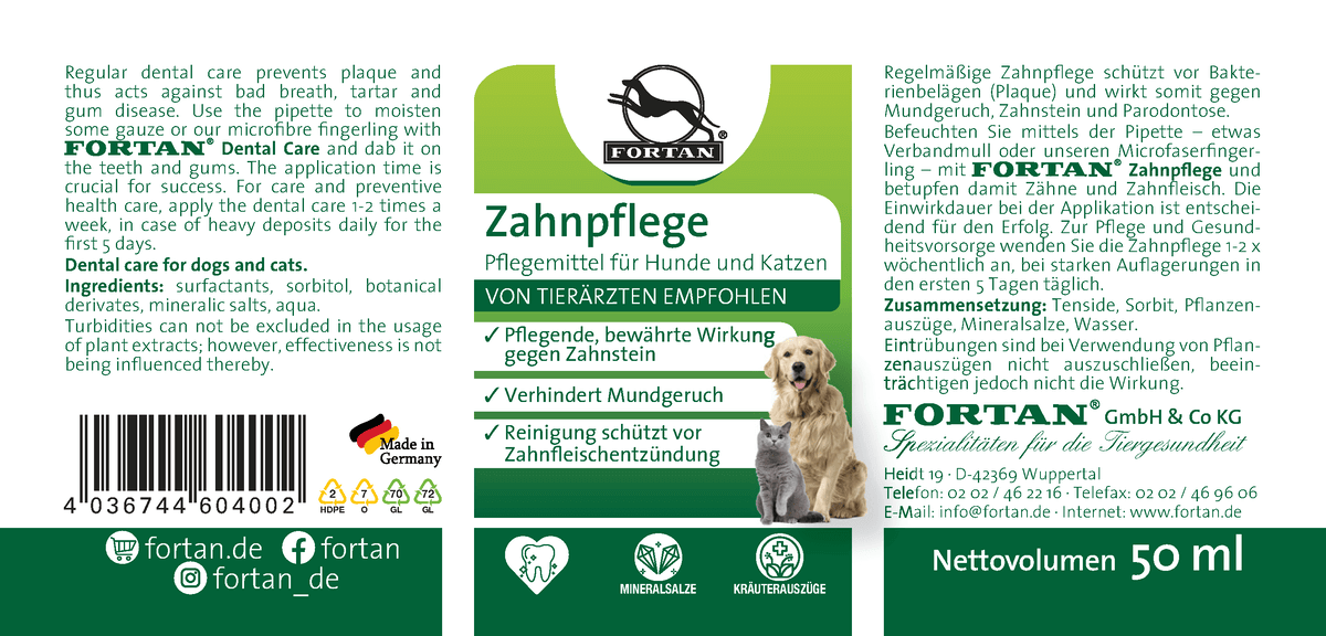 Fortan Zahnpflege: Pflegemittel für Hunde und Katzen - 50 ml Etikett