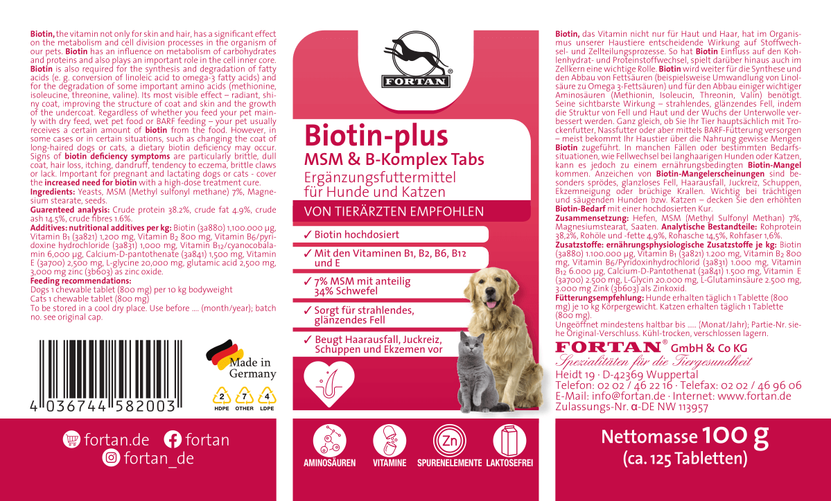 Fortan Biotin-plus MSM und B-Komplex Tabs: Ergänzungsfutter für Hunde und Katzen - 100 g Etikett