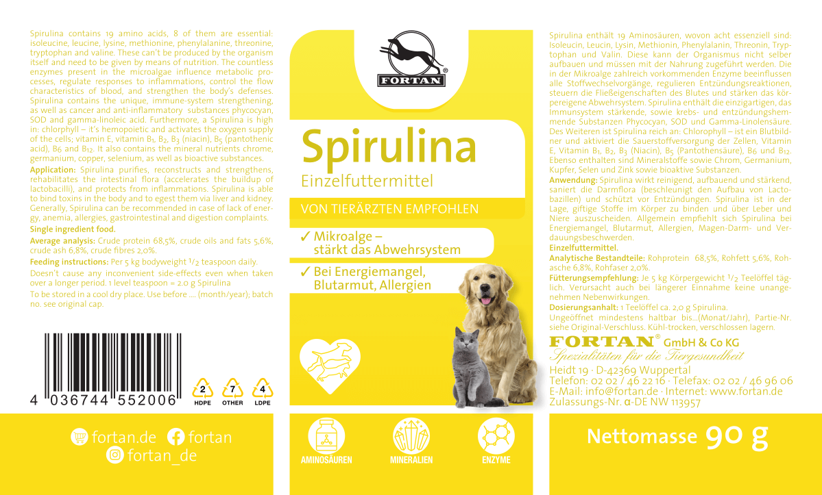 Fortan Spirulina: Einzelfutter - 90 g Etikett