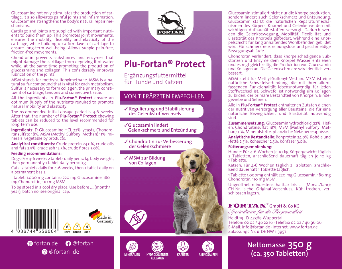 Fortan Plu-Fortan Protect: Ergänzungsfutter für Hunde und Katzen - 350 g Etikett
