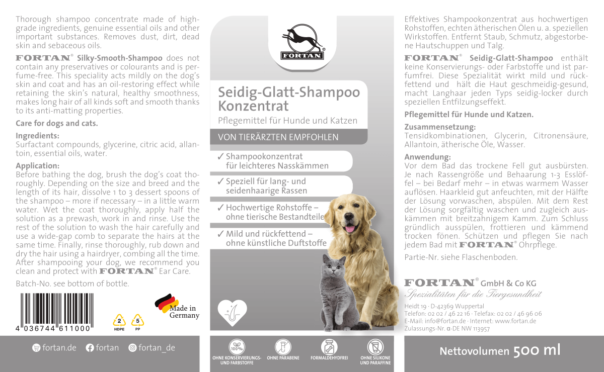 Fortan Seidig-Glatt-Shampoo: Pflegemittel für Hunde und Katzen - 500 ml Etikett