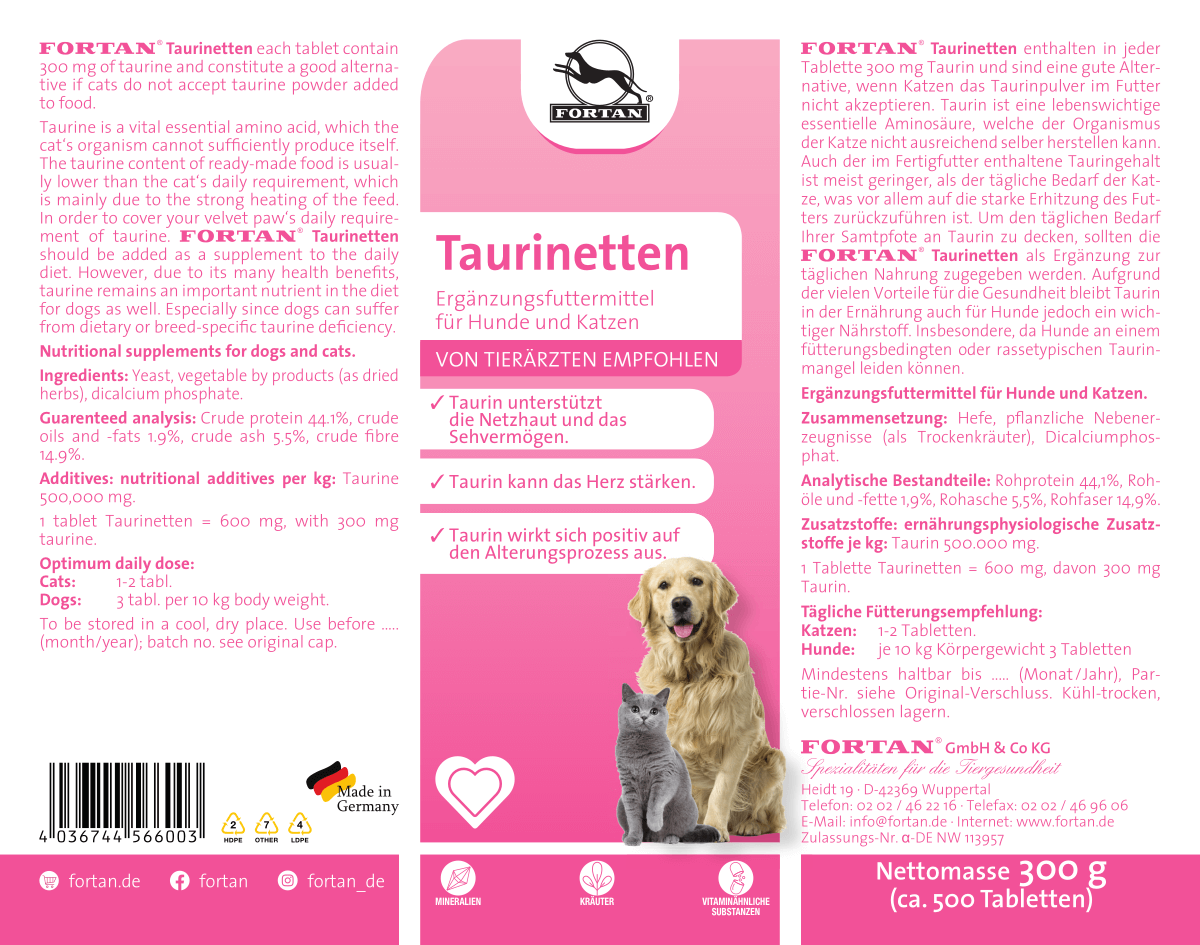 Fortan Taurinetten: Ergänzungsfutter für Hunde und Katzen - 300 g Etikett
