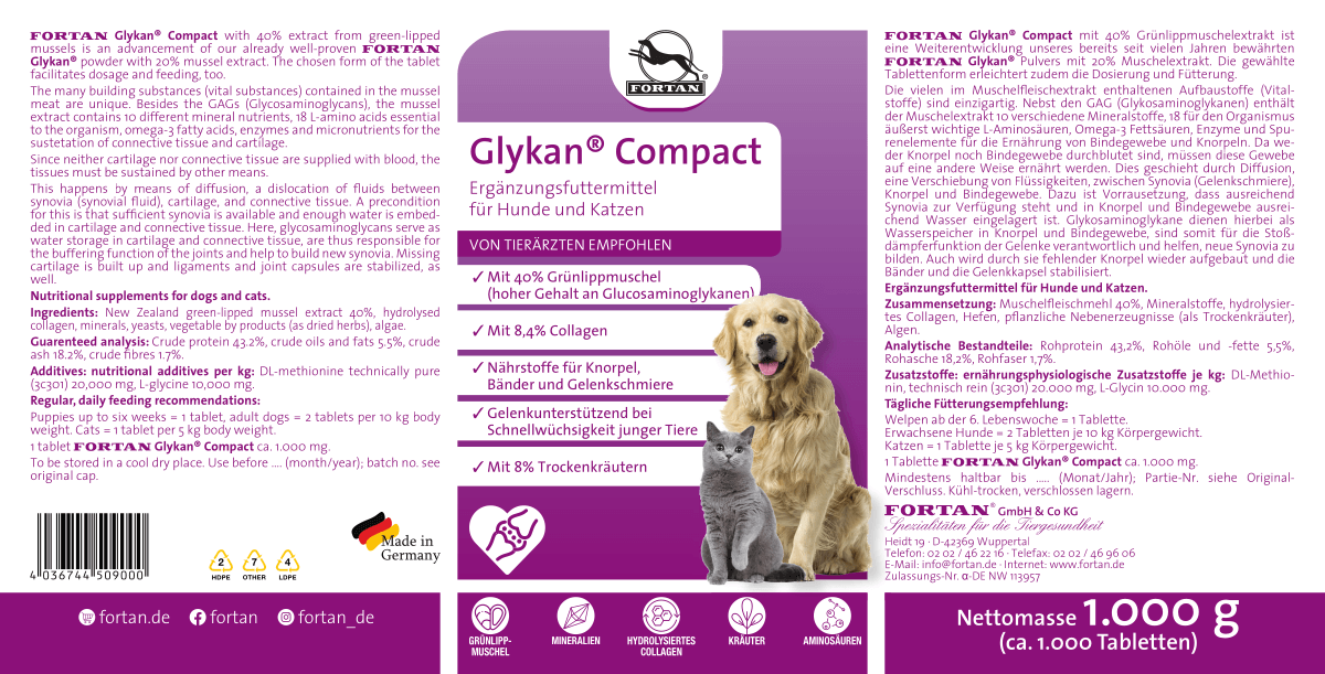 Fortan Glykan Compact: Ergänzungsfutter für Hunde und Katzen - 1000 g Etikett