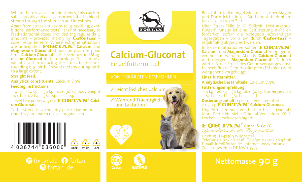 Fortan Calcium-Gluconat: Einzelfutter - 90 g Etikett