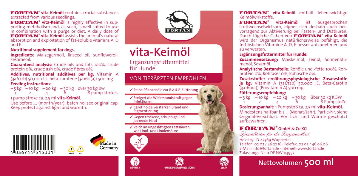 Fortan vita-Keimöl: Ergänzungsfutter für Hunde - 500 ml Etikett