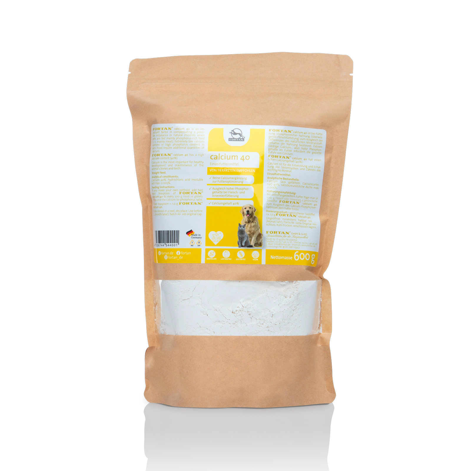 Calcium 40 für Hunde und Katzen Fortan Calcium 40: Einzelfutter mit 40 % Calciumcarbonat - 600 g Beutel