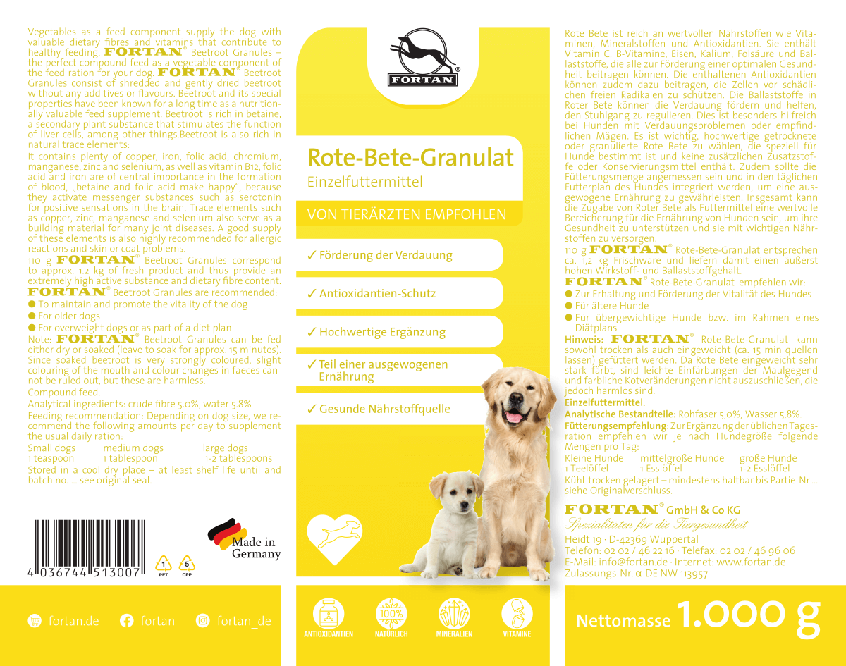 Fortan Rote-Bete-Granulat: Einzelfutter - 1000 g Etikett