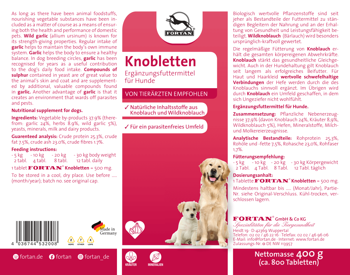 Fortan Knobletten: Ergänzungsfutter für Hunde - 400 g Etikett