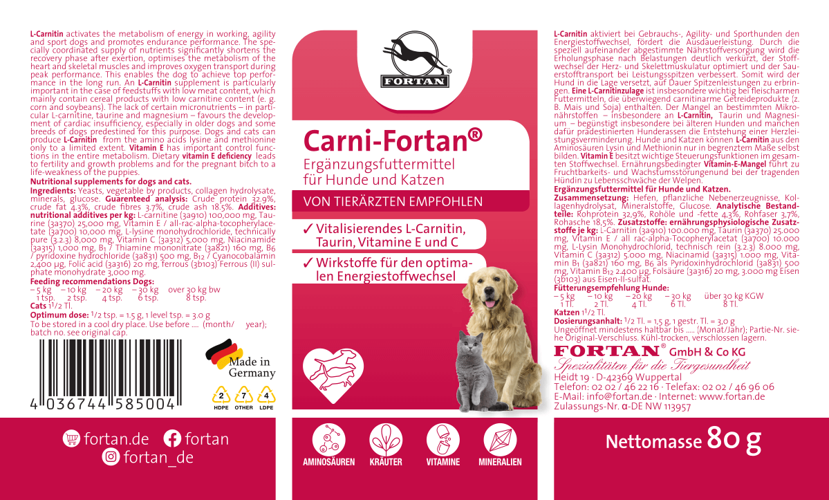Carni-Fortan: Ergänzungsfutter für Hunde und Katzen - 80 g Etikett