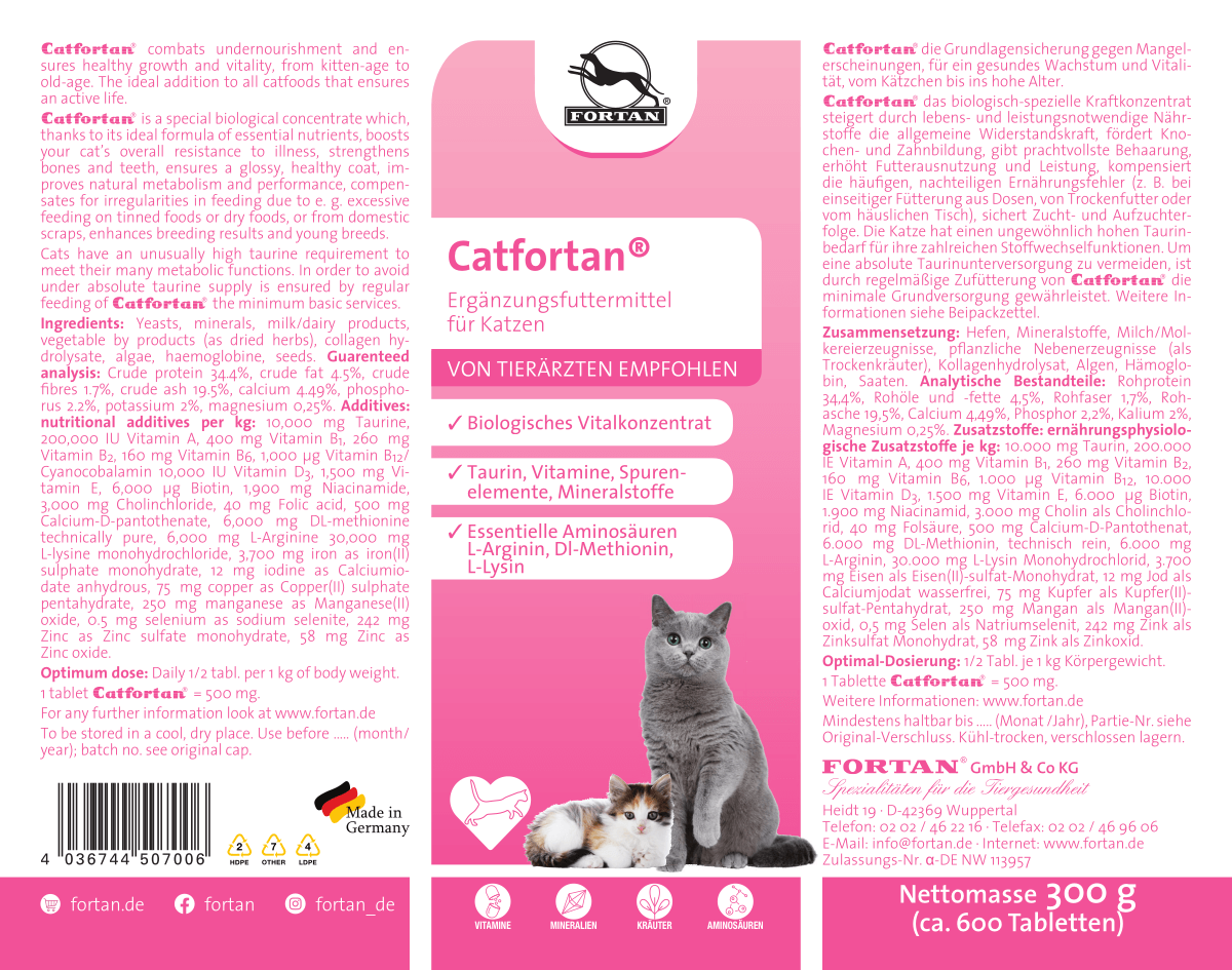 Fortan Catfortan: Ergänzungsfutter für Katzen - 300 g Etikett