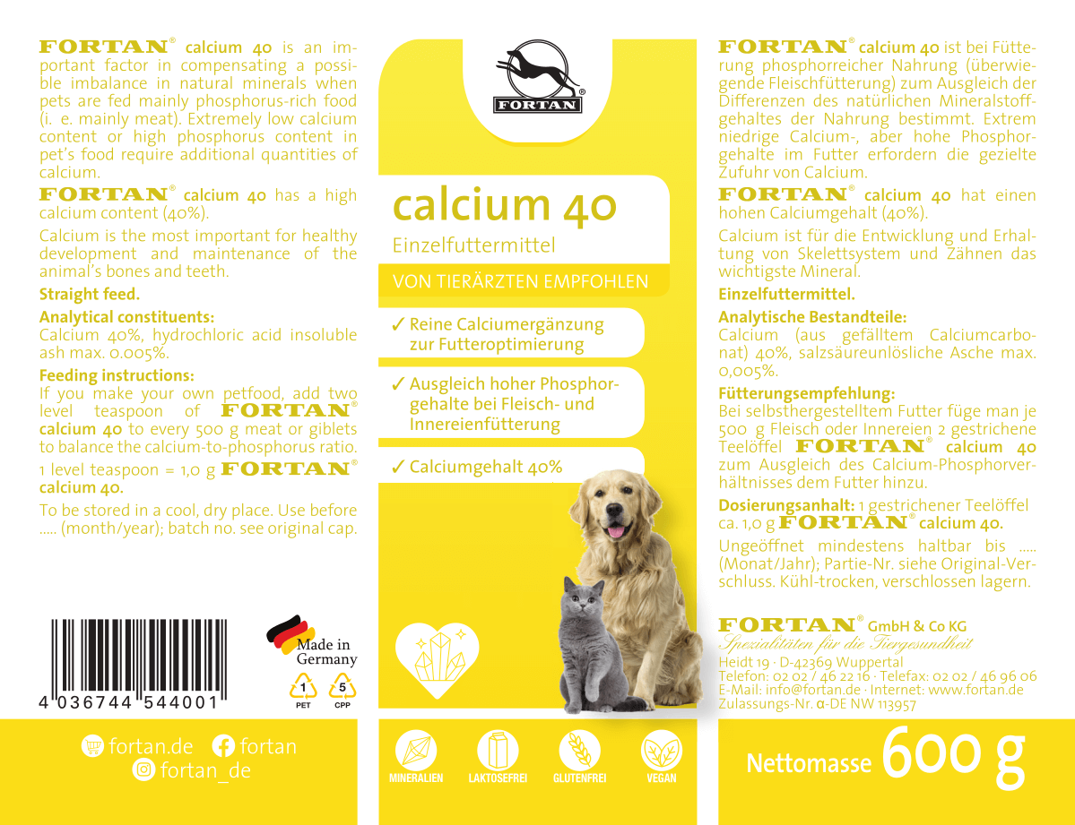 Fortan Calcium 40: Einzelfutter mit 40 % Calciumcarbonat - 600 g Etikett