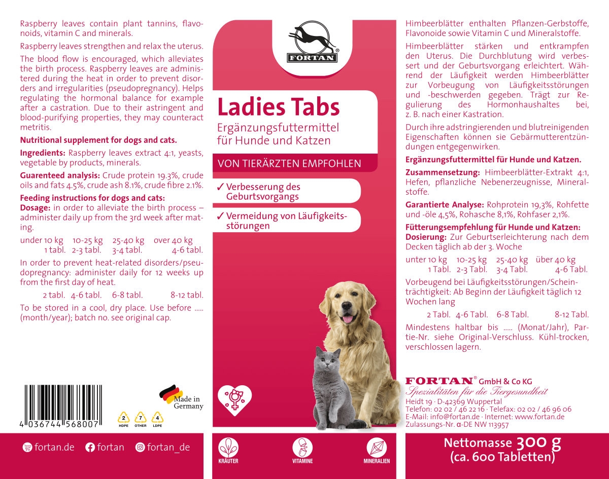 Fortan Ladies Tabs: Ergänzungsfutter für Hunde und Katzen - 300 g Etikett