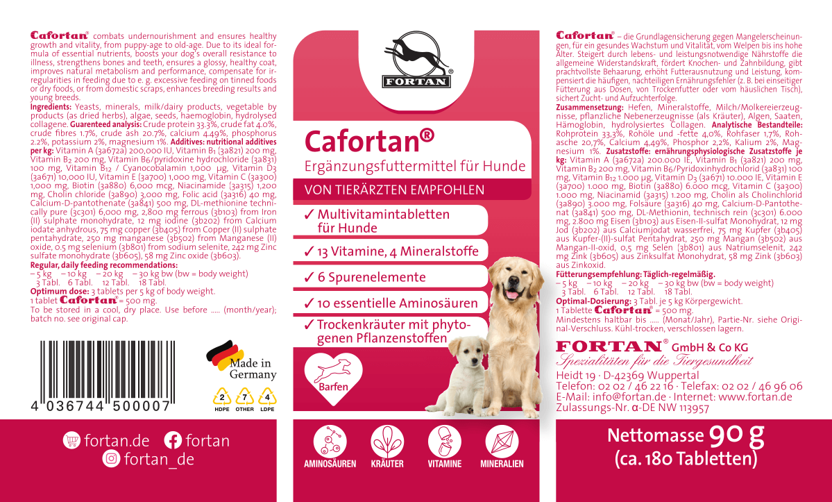 Fortan Cafortan: Ergänzungsfutter für Hunde - 90 g Etikett