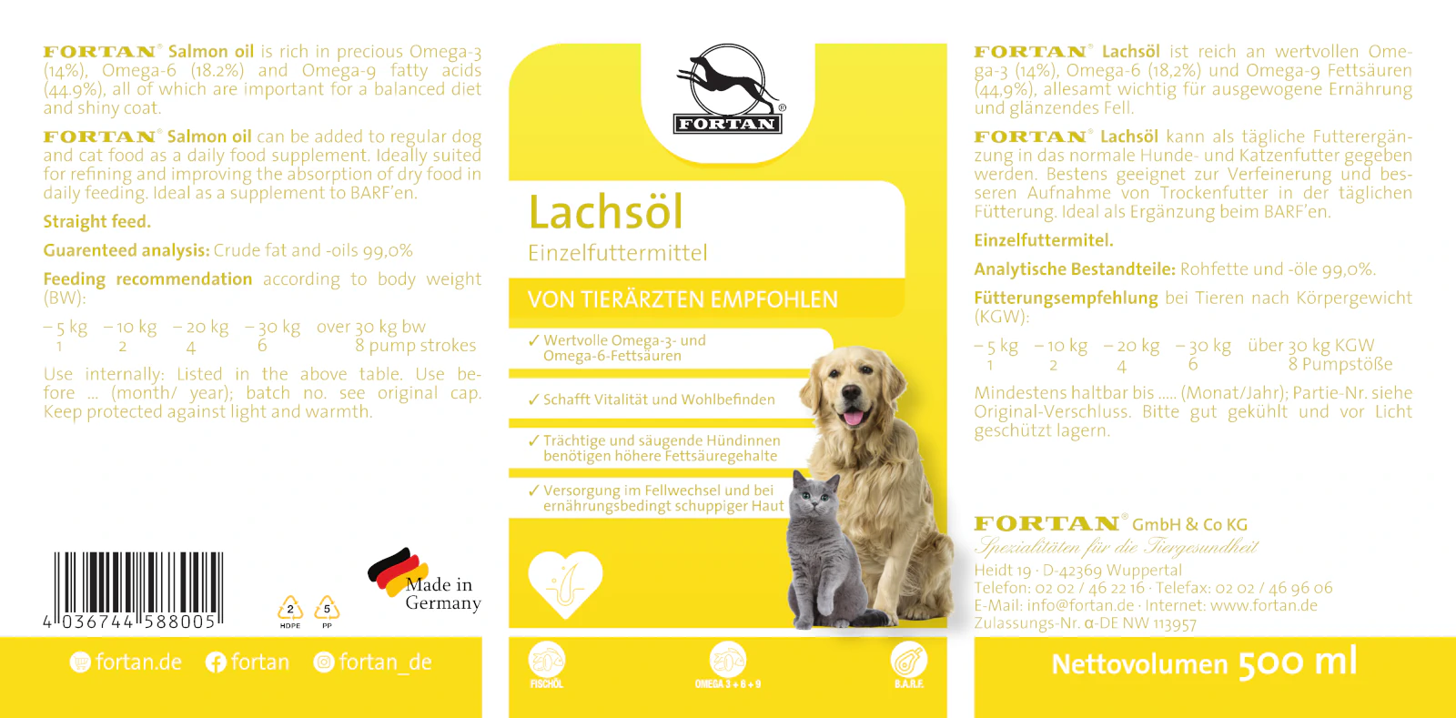 Fortan Lachsöl: Einzelfutter - 500 ml Etikett