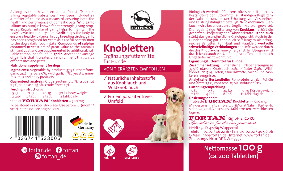 Fortan Knobletten: Ergänzungsfutter für Hunde - 100 g Etikett