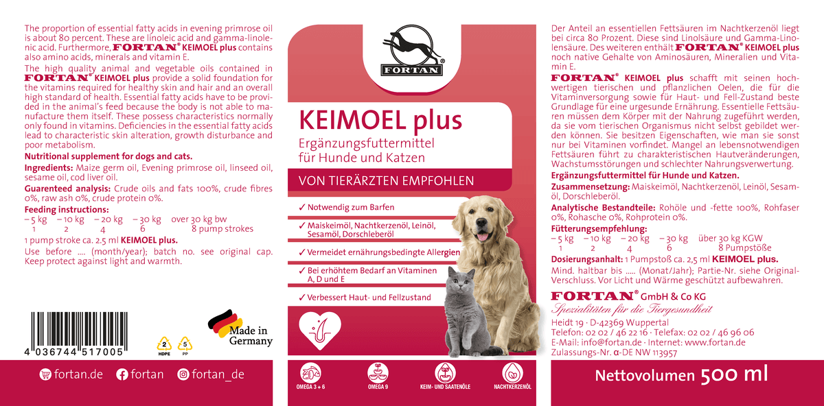 Fortan Keimöl plus: Ergänzungsfutter für Hunde und Katzen - 500 ml Etikett