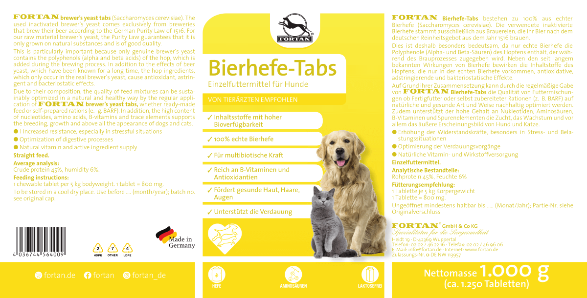 Fortan Bierhefe-Tabs: Ergänzungsfutter für Hunde und Katzen - 1000 g Etikett