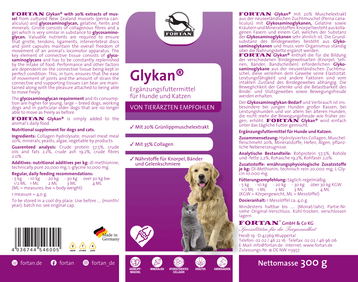 Fortan Glykan: Ergänzungsfutter für Hunde und Katzen - 300 g Etikett
